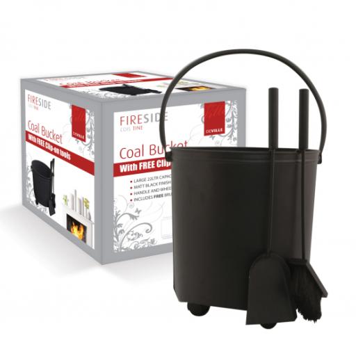 DEVILLE Coal Fire Log Burner Bucket on Wheels with FREE SHOVEL & BRUSH BLACK